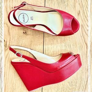 Red Peep-Toe Wedge Sandals